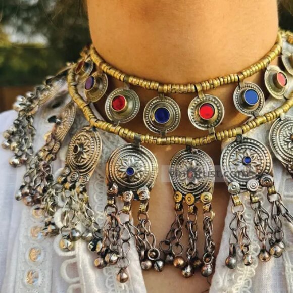 Gypsy Statement Necklace, Handmade Multi Layer Afghan Choker with Bells - Picture 3 of 10